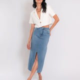 Saia Jeans Midi com Fenda Frontal