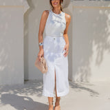 Saia Midi em Sarja com Fenda Frontal