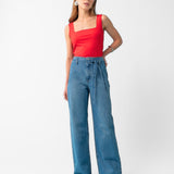 Calça Wide Leg sem Cós com Faixa em Jeans