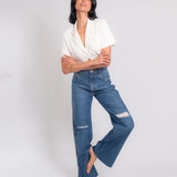 Calça Wide Leg Jeans Fenda Lateral