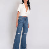 Calça Wide Leg Jeans Fenda Lateral