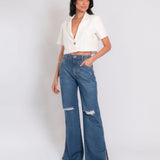 Calça Wide Leg Jeans Fenda Lateral