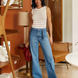 Calça Wide Leg sem Cós com Faixa em Jeans