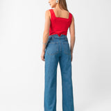 Calça Wide Leg sem Cós com Faixa em Jeans