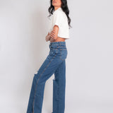Calça Wide Leg Jeans Fenda Lateral