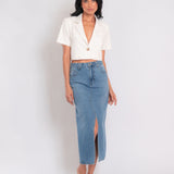 Saia Jeans Midi com Fenda Frontal