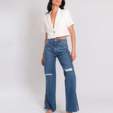 Calça Wide Leg Jeans Fenda Lateral