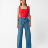 Calça Wide Leg sem Cós com Faixa em Jeans